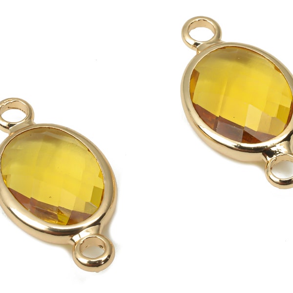 Brass Glass Oval Earring Connector - Clear Yellow Oval Frame Bracelet - Gold Tone Plated Brass - Faceted Glass - 16.6x8.6x3.8mm - GS1137C