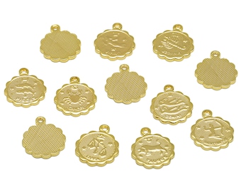 Gold Horoscope Charms - Horoscopes Necklace With Loop - Sign of Zodiac Coin lace Pendant - 18K Real Gold Plated