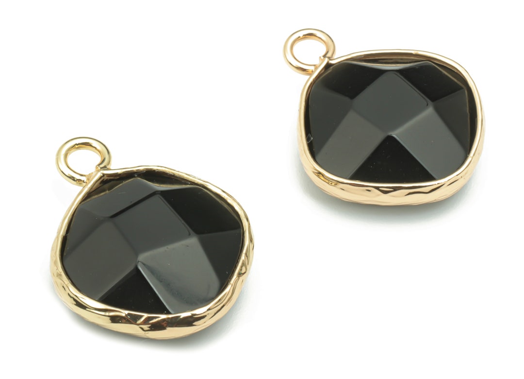 Obsidian Faceted Natural Stone Earring Charms - Brass