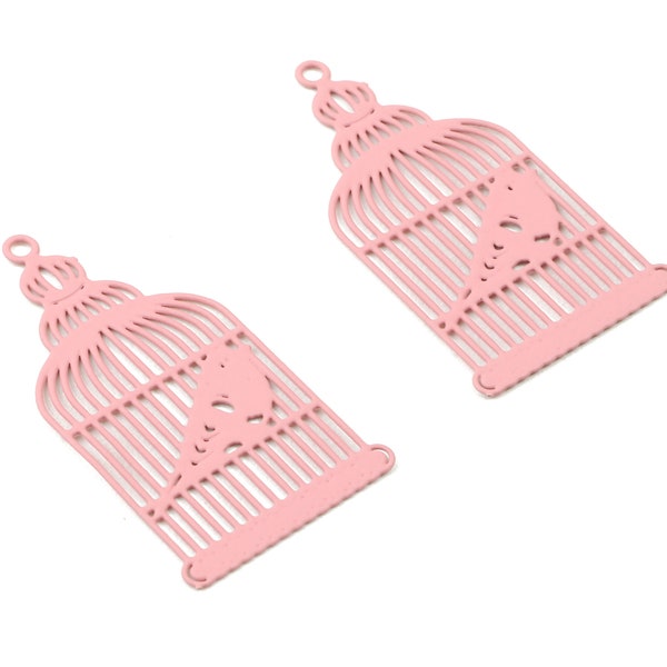 Pendentif en laiton Taffy Pink Bird Cage - Collier de cage à oiseaux en laiton - Charmes de boucles d’oreilles Birdcage - Code couleur: J07 - 25.96x14.5x0.4mm - JJC4307-J07