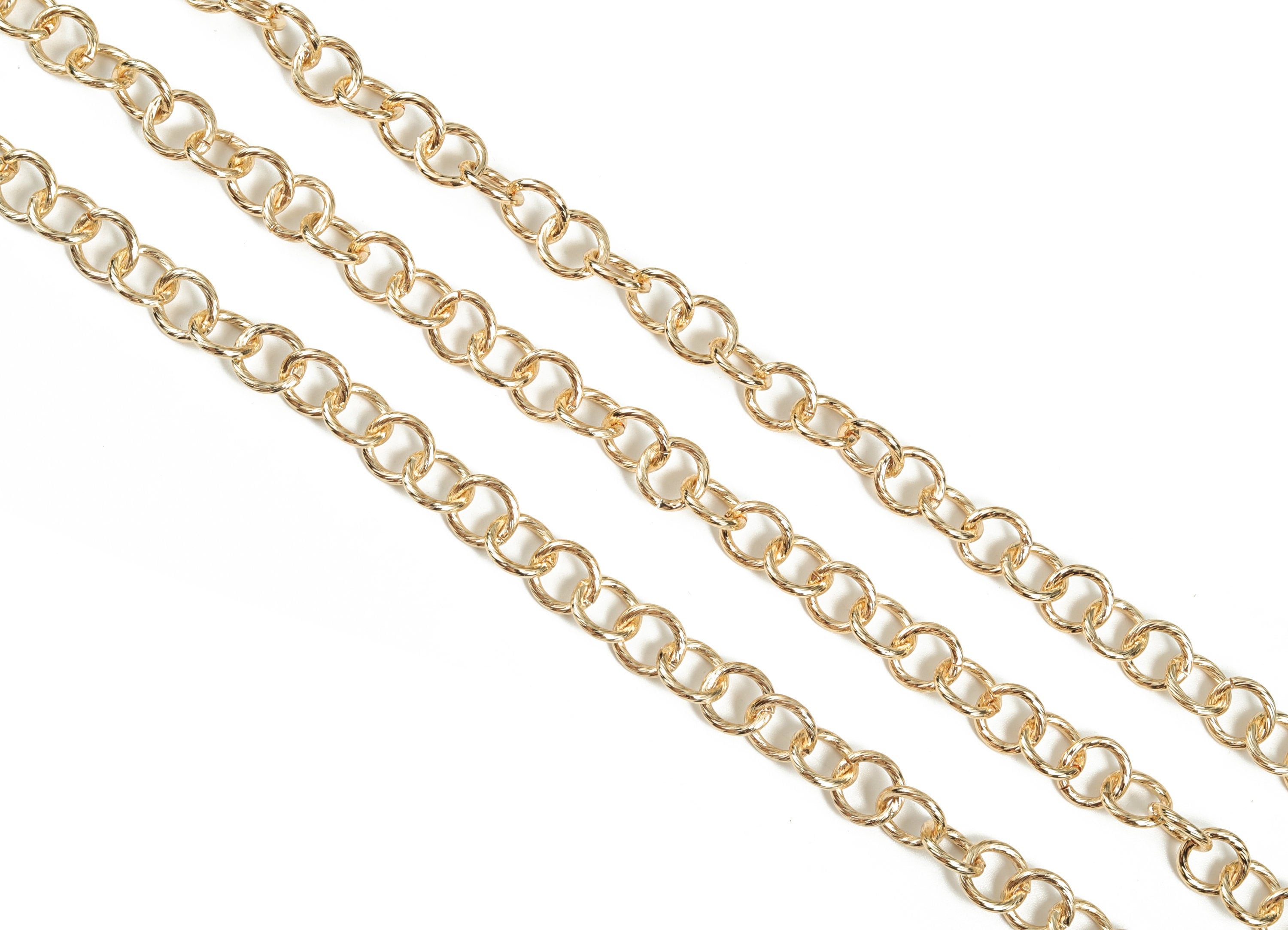 Gold Round Link Cable Chain - 18K Real Gold Brass Textured Round Cable ...