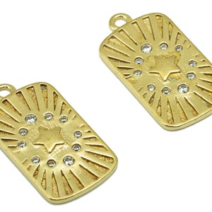 Messing rechthoek ster hanger - zon patroon messing charme - messing zirkoon - voor ketting - graveren medaillon-voor gravure -18x 10x 1mm -PP8492