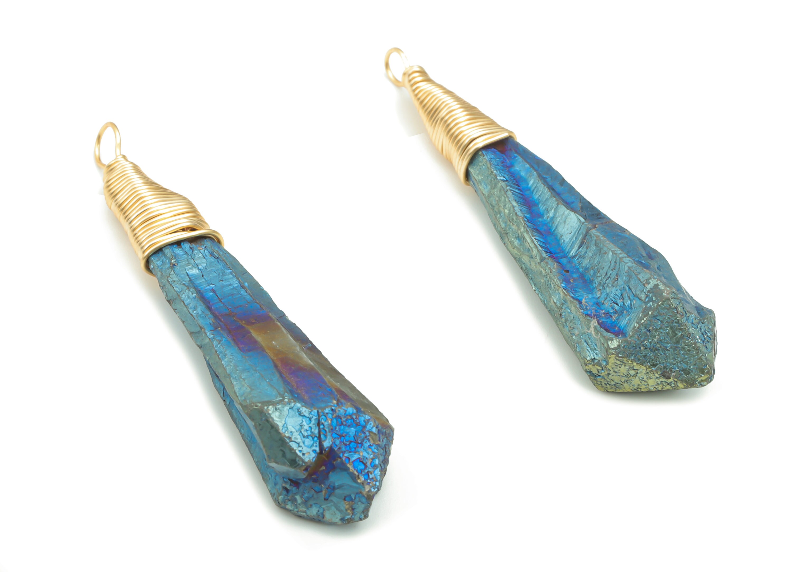 Blue Aura Quartz Stone Earring Charms - Brass Wire Wrapped Stone Pendant - Natural Stone - Gold Tone Plated Brass – 58.76x11.9x11.9mm–NS1650