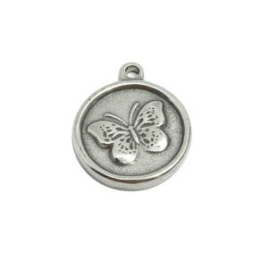 Steel Butterfly Charm - Detailed Round Silver Insect Charm - Vintage Flying Butterfly Charm - Minimalist Jewelry - 18.17x15x2.45mm - SS1946