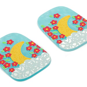 Acrylic Rectangle Crescent Cloud Earring Charms - Acrylic Flower Moon Pendant - Printing Textured - 39.53x29.48x2.41mm - AC2478C