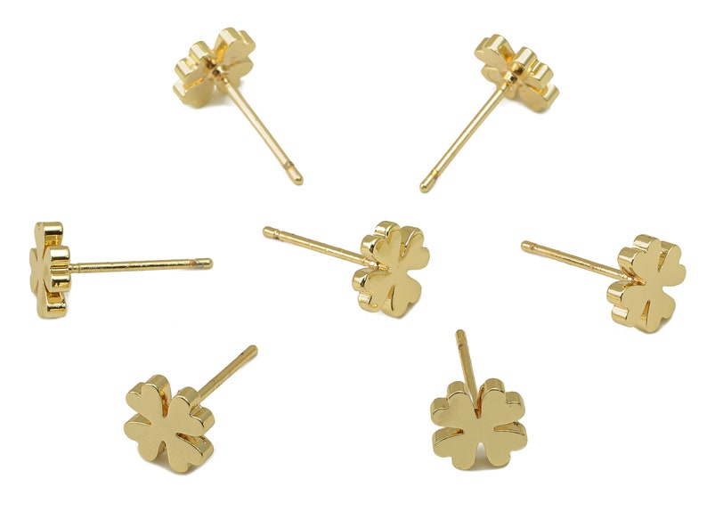 Brass Clover Earring Stud Four-Leaf Clover Earring Post 18K Real Gold Plated Jewelry Supplies-Earring Findings-8x8x2mm-RGP5931G image 2