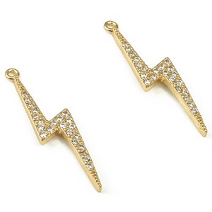 Messing Blitz Ohrring Charms mit Zirkonen - Gold Blitz Anhänger - 18K Echt vergoldetes Messing - 27,21x6,44x1,65mm - RGP3783