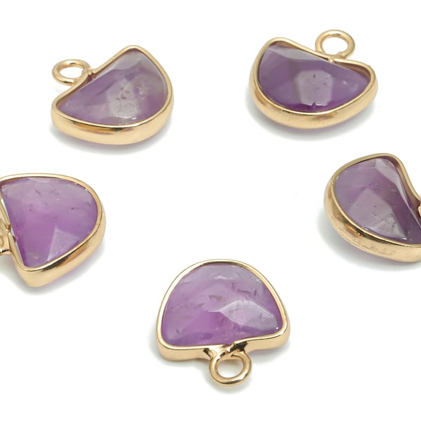 Amethyst Domed Charms - Brass Semicircle Pendant - Natural Stone - Gold Tone Plated Brass – Jewelry Supplies - 13.58x13.42x5.34mm – NS1605E