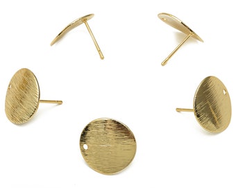 Brass Textured Round Earring Stud - Circle Earring Posts - Stainless Steel Stud - 18K Real Gold Plated Brass - 15.23x15.23x0.67mm -RGP5173