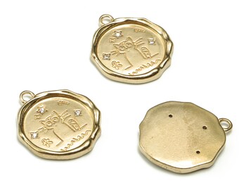 Brass Round Star Earring Charms With Zircons - Raw Brass Cat