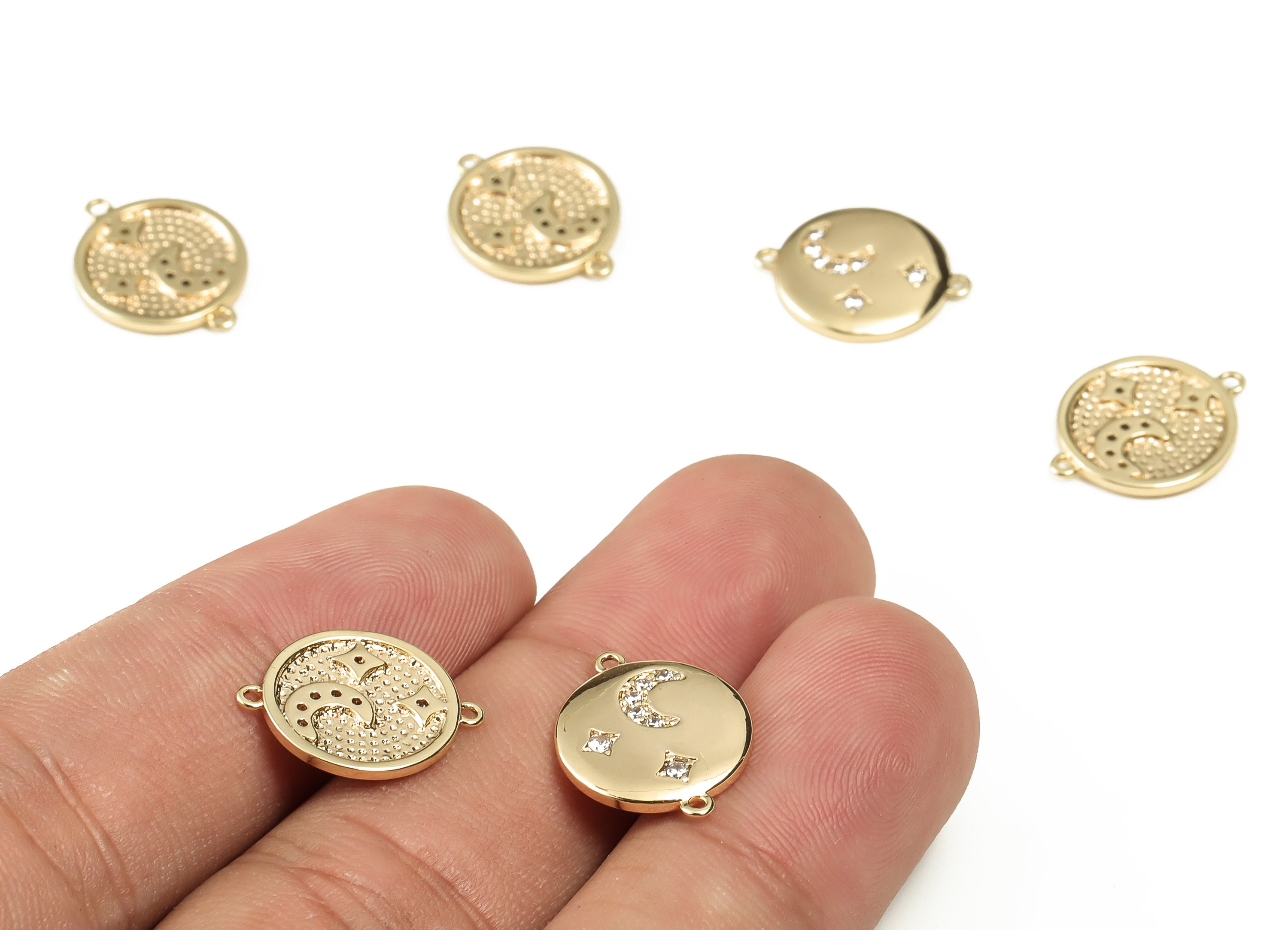 Brass Round Star Earring Connector With Zircons - Gold