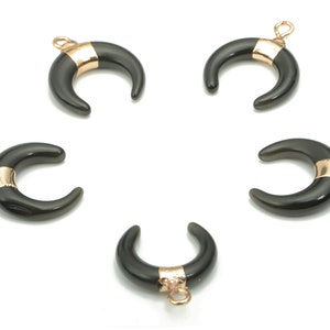 Obsidian Natural Stone Ox Horn Earring Charms - Brass Crescent Pendant - Gold Tone Plated Brass – Jewelry Supplies - 16.9x14.8x3.8mm–NS1628B