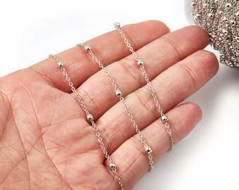 May include: A silver chain with small round beads. The chain is shown on a hand, with the beads spaced evenly apart.