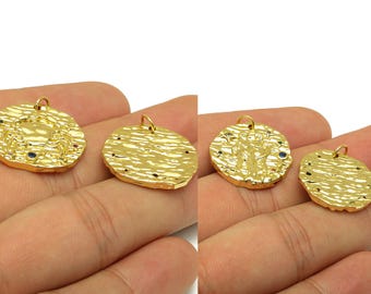 Brass Horoscope Charms - Sign of Zodiac Necklace Pendant With Loop - Hammered Zircon Sign Earring Charms -18K Real Gold Plated