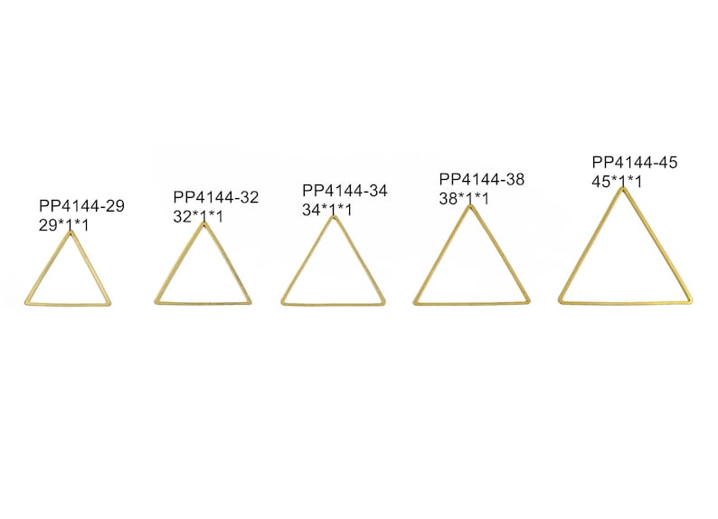 May include: Five gold-toned triangle-shaped metal hoops of varying sizes. The hoops are labelled with their dimensions in inches. The smallest hoop is 29 inches, the largest is 45 inches.
