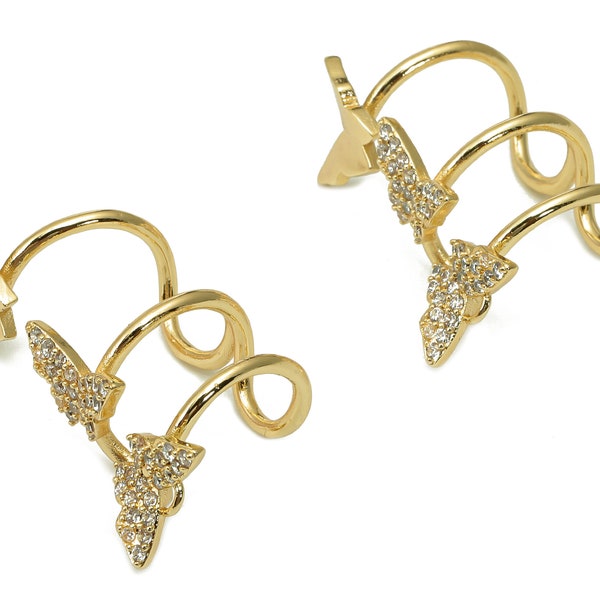 Brass Butterfly Open Round Ring - C Earring Cuff With Zircon - Ear Clip - 18K Real Gold Plating Cuff Ear - 16.1x11.9x2.3mm - RGP5513