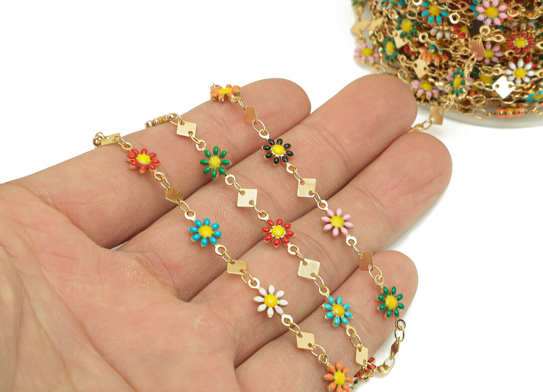 Brass Daisy Chain - Enamel Rainbow Flower Chains - Floral Link Chain ...