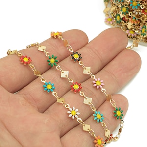 Brass Daisy Chain - Enamel Rainbow Flower Chains - Floral Link Chain - For Bracelet - 18K Real Gold Plating - 12.8x7.4x2.3mm - RGP5654B