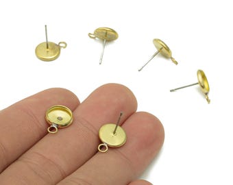 Brass Cabachon Stud Earring - Raw Brass Circle Earring Post - Round Pot Earring With Loop - Stainless Steel Stud - 9.9x9.9x1.6mm -PP8075-10