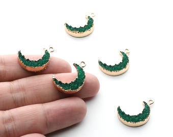 Druzy Earring Charms - Green Resin Copper Earrings for Left Side - Moon Shaped Pendant  - 23.5x15.6x5.27mm - RC1006G