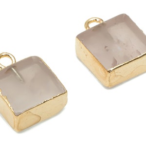 Rose Quartz Crystal Square Cube Charms - Brass Square Pendant - Natural Stone - Gold Tone Plated Brass – 13.98x9.96x5.33mm – NS1689B