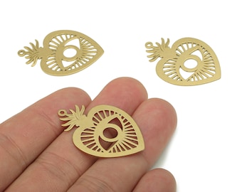 Brass Eye Earring Charm - Raw Brass Heart Earring - Sun Eye Pendant With Loop - Strawberry Charm For Necklace - 34.77x24.09x0.58mm - PP7970