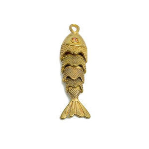 Movable Articulated Fish Charm - Brass Textured Dainty Fish Charm - Cubic Zircon Sparking Articulated Fish Earring Charm - 32x8x6mm -PP11117