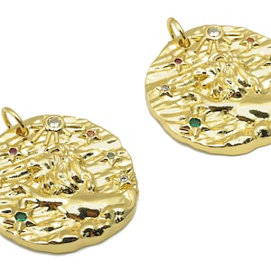 Brass Horoscope Round Charm - CZ Leo Earring Charm - Zodiac Necklace Pendant With Loop - 18K Real Gold Plating - 24.1x21x2mm - RGP5815J