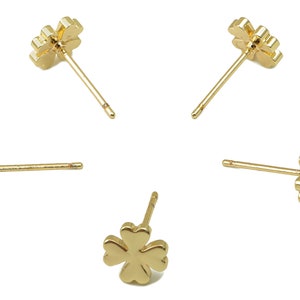 Brass Clover Earring Stud Four-Leaf Clover Earring Post 18K Real Gold Plated Jewelry Supplies-Earring Findings-8x8x2mm-RGP5931G image 1