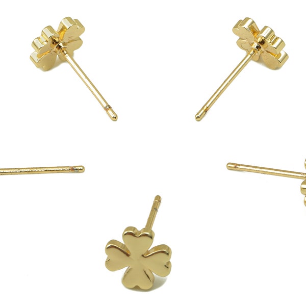 Brass Clover Earring Stud - Four-Leaf Clover Earring Post -18K Real Gold Plated - Jewelry Supplies-Earring Findings-8x8x2mm-RGP5931G