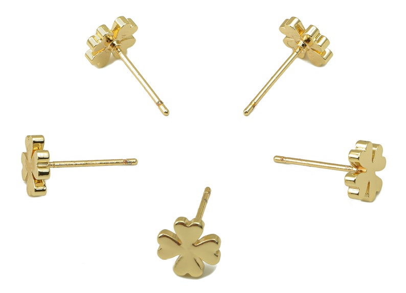 Brass Clover Earring Stud Four-Leaf Clover Earring Post 18K Real Gold Plated Jewelry Supplies-Earring Findings-8x8x2mm-RGP5931G image 1