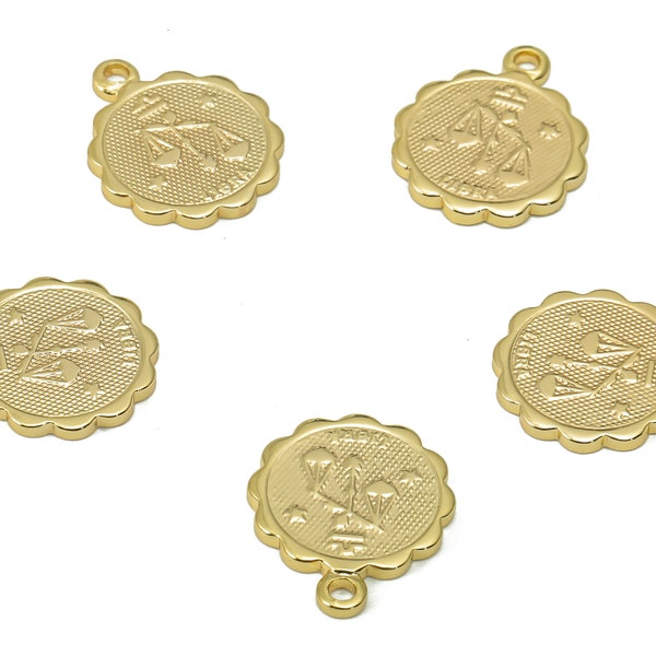 Brass Libra Round Earring Charm - Horoscopes Necklace With Loop - Zodiac Coin Pendant - 18K Real Gold Plating - 14.1x11.4x1mm - RGP5504K