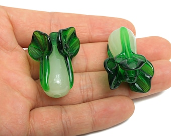 Handmade Glass Vegetable Bead - Enamel Lettuce Bead - Botanical Glass Bead for Necklace - Jewelry Component - 38.48x23.48x24.35mm - GS1335