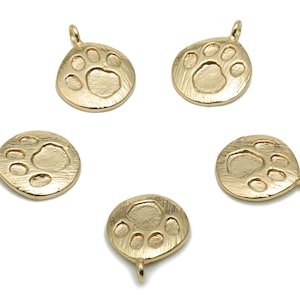 Brass Texture Round Footprint Earring Charms - Gold Bear Footprint Circle Pendant - 18K Real Gold Plated Brass - 14.65x11.12x1.5mm - RGP4287
