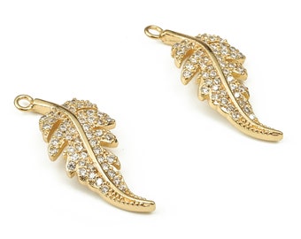 Brass Leaf Earring Charms With Zircons - Gold Leaf Pendant - 18K Real Gold Plated Brass - Jewelry Supplies - 23.27x9.13x1.95mm - RGP3749