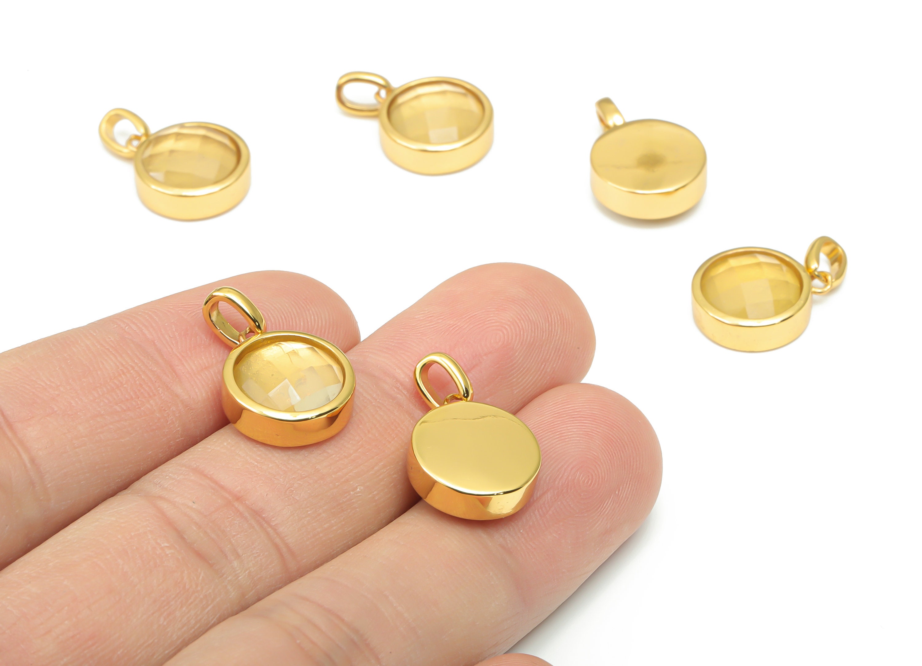 Lemon Quartz Natural Stone Faceted Round Charms With Loop