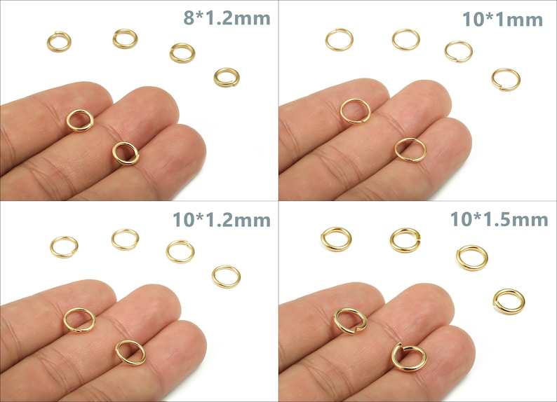 Op de afbeelding: Assortiment van gouden springringen in verschillende maten. De springringen zijn 8 mm x 1,2 mm, 10 mm x 1 mm, 10 mm x 1,2 mm en 10 mm x 1,5 mm.