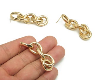 Brass Oval Earring Stud - 5 Oval Rings Earring Post – Gold Oval Chain Stud - 18K Real Gold Plated Brass – 60.03x13.46x4.27mm - RGP4101