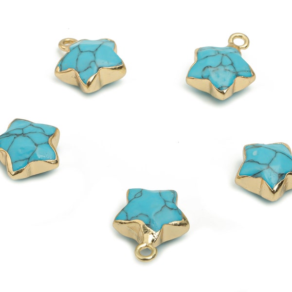 Blue Turquoise Star Earring Charms - Brass Star Pendant - Iron Loop - Natural Stone - Gold Tone Plated Brass – 15.94x12.86x6.51mm – NS1579H