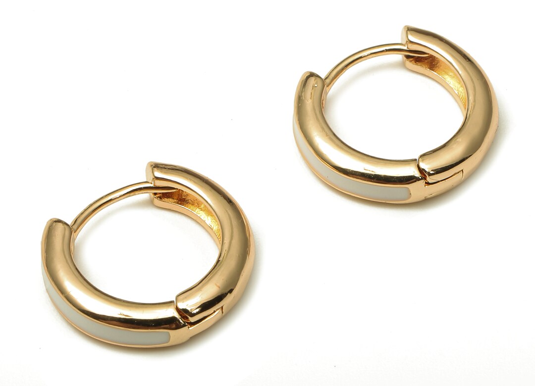 Brass Enamel Round Hoop Earring Clasp Small Circle White Enamel Huggie