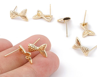 Brass Fishtail Earring Posts - Fishtail Earring Stud - 18K Real Gold Plated Brass Stud - Jewelry Supplies - 13.21x9.76x1.78mm - RGP1123