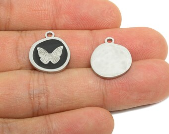 Stainless Steel Butterfly Charms - Dainty Enamel Black Pendant - Modern Butterfly Enamel Charm - Whimsical Jewelry - 17x15x1.36mm - SS1630