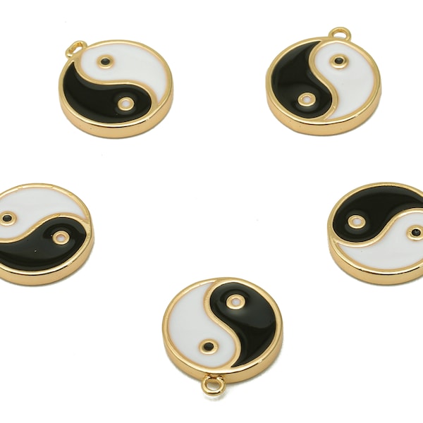 Brass Mini Round Dot Earring - White & Black Enamel Charm - Yin and Yang Pendant With Loop - 18K Real Gold Plating -11.8x10.1x1.7mm-RGP5592C