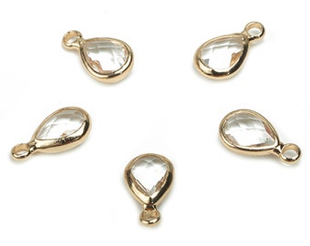 Glass Mini Drop Earring Charms - Brass Teardrop Frame Pendant - Gold Tone Plated Brass - Faceted Glass - 11.72x6.67x3.18mm - GS1068C