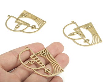 Trendy Abstract Face Earring Charms - Raw Brass Woman Face Pendant – Hollow Cut Face Charm - Jewelry Supplies - 49.84x41.9x1.02mm - PP3665