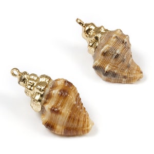 Puede incluir: Dos colgantes de concha con tapas y lazos dorados para hacer joyas. Las conchas son marrones y beige con una superficie texturizada. Las tapas doradas añaden un toque decorativo a las conchas naturales.