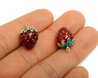 Alloy Enamel Strawberry Charms - Red Strawberry Jewelry Charm - Enamel Fruit Accessory - Metal DIY Craft Supplies - 16.7x12x12mm - AC3587B