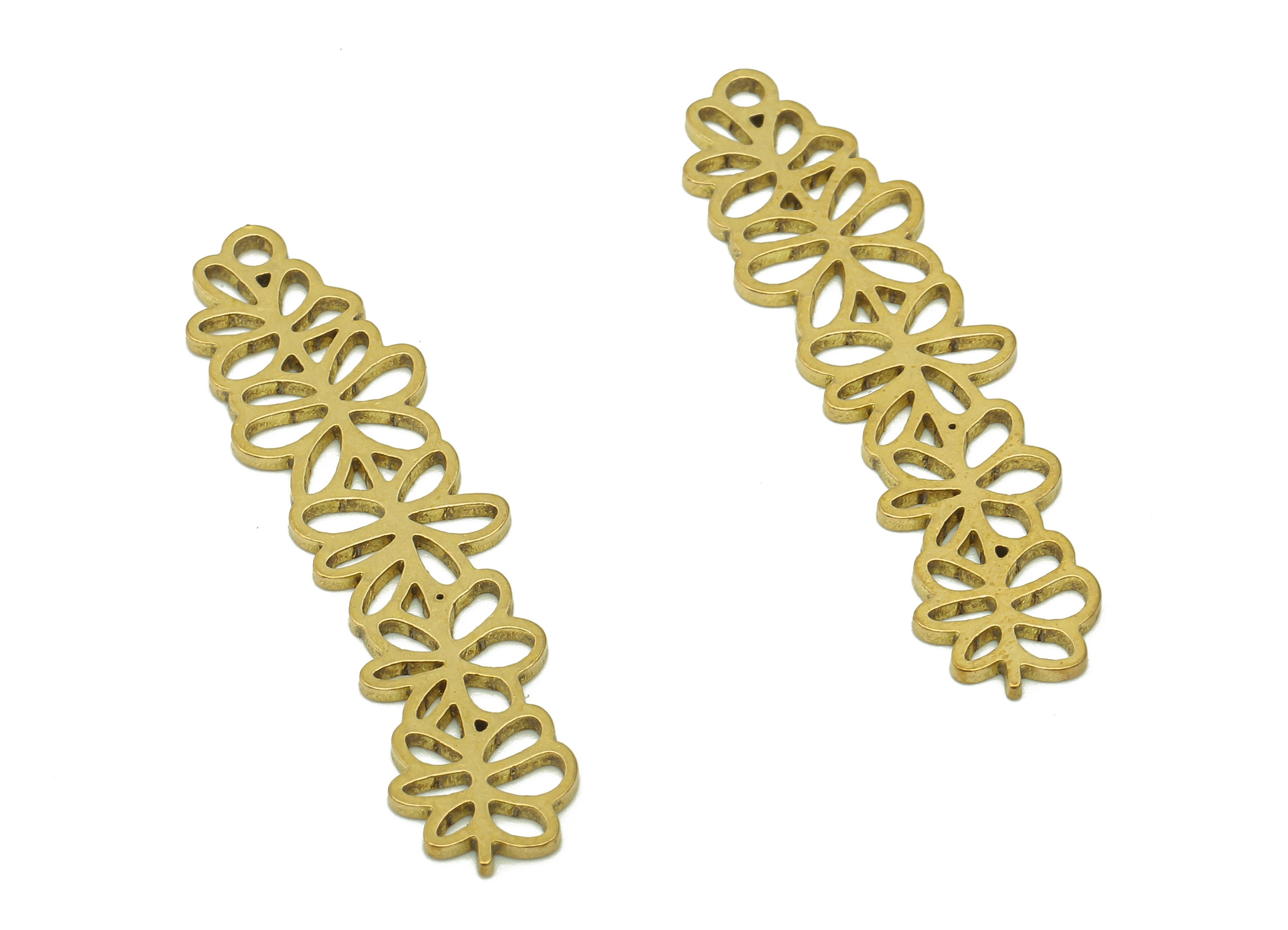 Brass Flower Earring Charms - Raw Brass Branch Earring - Leaf Pendant With Loop - Botanical Charm For Necklace - 35.8x9.2x0.8mm - PPA6326