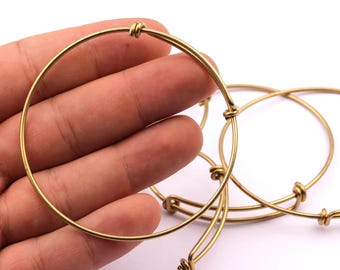 Raw Brass Adjustable Charm Bangle Bracelet – Double Loops, Expandable Wire Bangle (63x1.5mm) PP1002