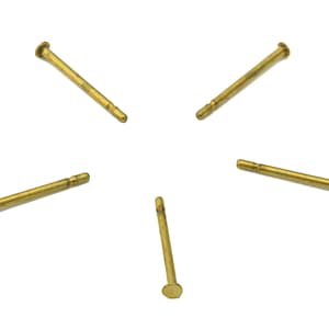 Könnte beinhalten: Fünf goldfarbene Metall-Stifte mit abgerundeten Köpfen. Die Stifte sind sternförmig auf einem weißen Hintergrund angeordnet.